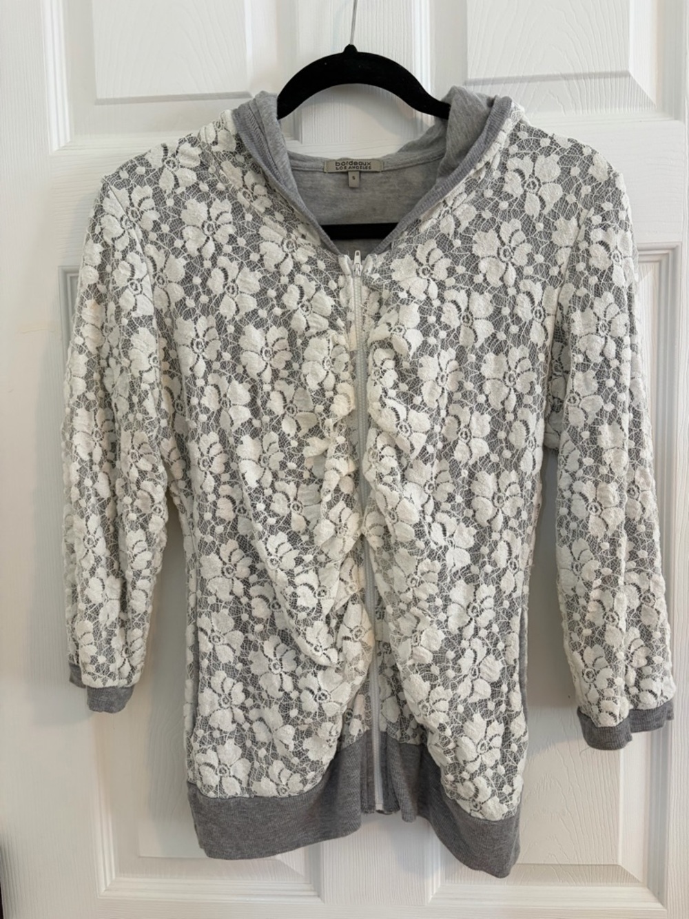 Anthropologie Bordeaux grey white Lace Zip-Up Hoodie small
